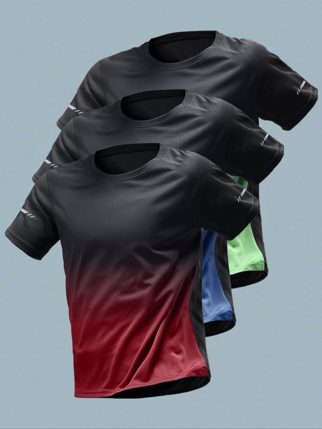 Men's Ombre Print Round Neck Tee, Regular Fit Sporty Quick Drying Breathable Short Sleeve T-shirt, Activewear T Shirt, Gym Tees for Gym Workout Running, Men's Top for All Seasons