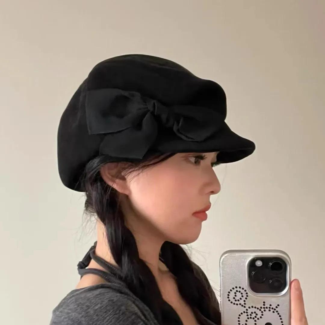 Black Bow Beret Hat for Women Spring Autumn Winter British Style Octagonal Newsboy Hat Artist Painter Soft Brim Peaked Cap