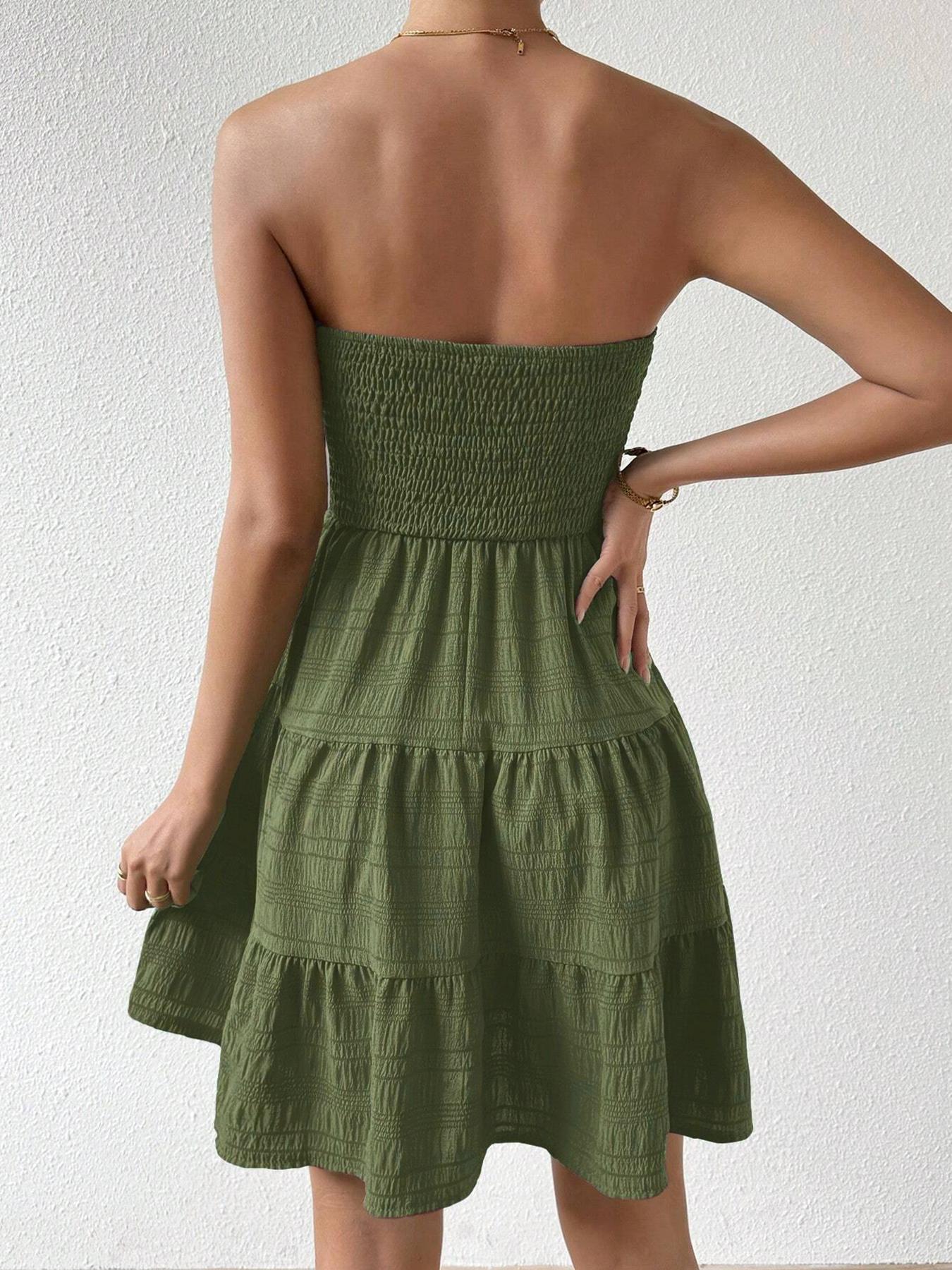 Women's Solid Shirred Frill Ruffle Hem Tube Dress, Fashion Casual Sleeveless Strapless A Line Dress for Daily Outdoor Wear, Women Dress for Summer, Summer Dresses, Womenswear, Lady Formal Elegant Dress