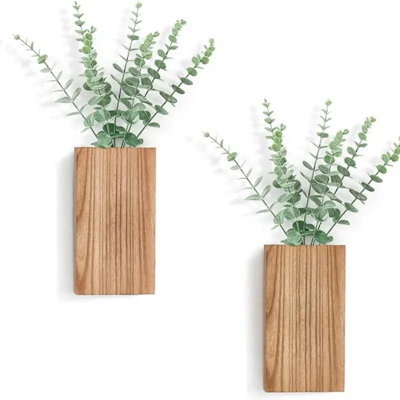 2 Piece Wooden Wall Flower Pots with Artificial Eucalyptus, Hanging Decorative Planters for Indoor Fake Plants, Living Room Bedroom Kitchen Office