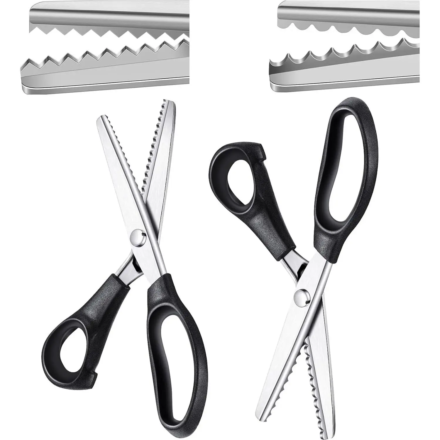 2 Pcs Pinking Shears Scissors for Fabric Cutting Scalloped 7mm, Serrated 5mm Felt Craft Scissors Zig Zag Cut Sewing 9.2" Handheld Jagged Dressmaking Supply for Leather Clothing Paper (Black)