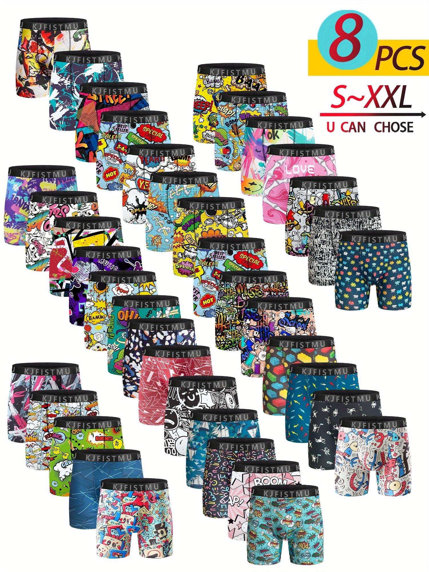 KJFISTMU 8-piece men's boxer briefs set, assorted print pack, Valentine's Day gift for boyfriend, men's long boxer briefs - breathable, colorful graffiti-style print, polyester and spandex blend, opaque geometric patterns, suitable for both men and women