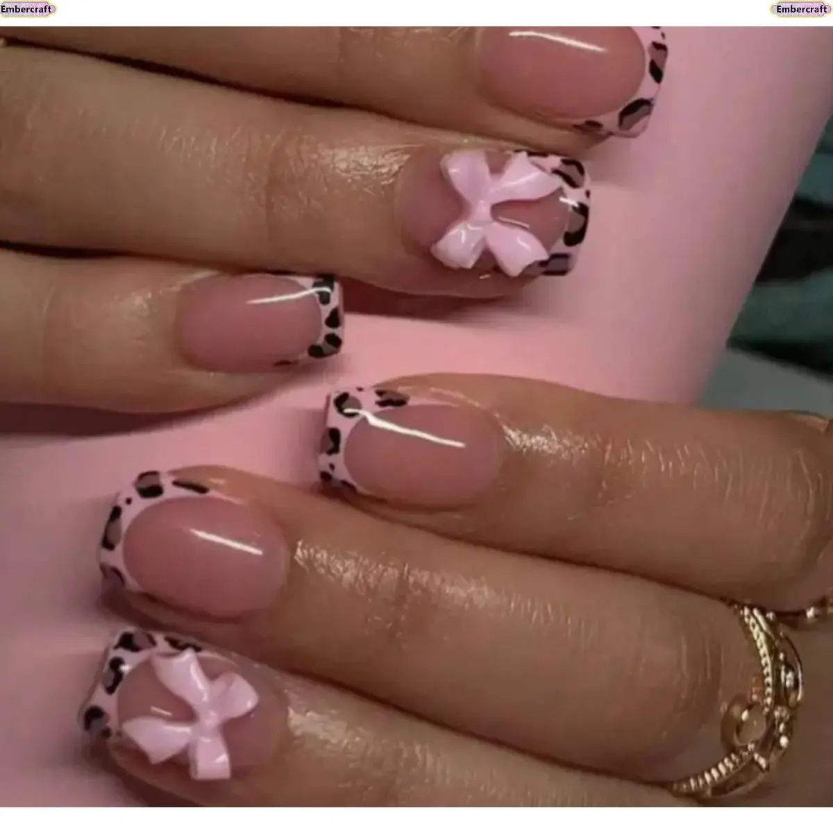 Pink French Tip Press-On Nails 30PCS, Aesthetic Leopard Bow Stick-On Nails with Glossy Finish, 3D Cute Salon-Style Manicure, Reusable Non-Toxic False Nails for DIY Nail Looks, Weekend Parties & On-the-Go Glam