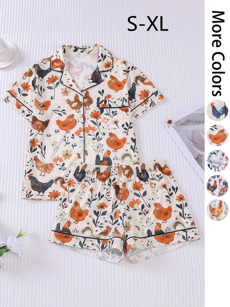 Women's All Over Chicken Print Crop Top & Elastic Waist Shorts Pyjama Two-piece Set, Casual Comfy Short Sleeve Top & Shorts PJ Set, Ladies Summer Sleepwear, Loungewear, Pajama Shorts Set