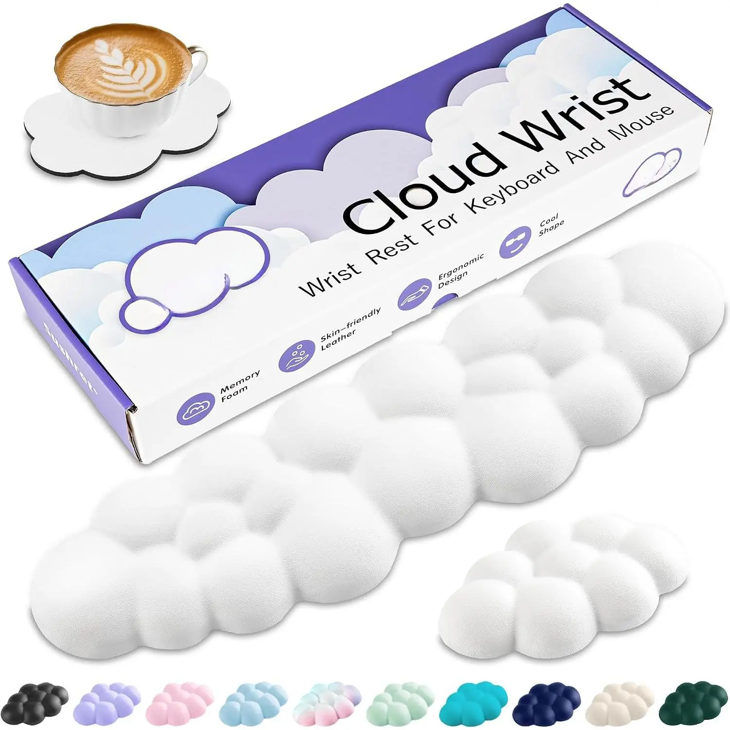 White Cloud Keyboard Wrist Rest Set Pack - PU Leather Memory Foam, Cute Palm Support Arm Rest, PC Gaming/Office Desk Accessories, Multiple Colors Available