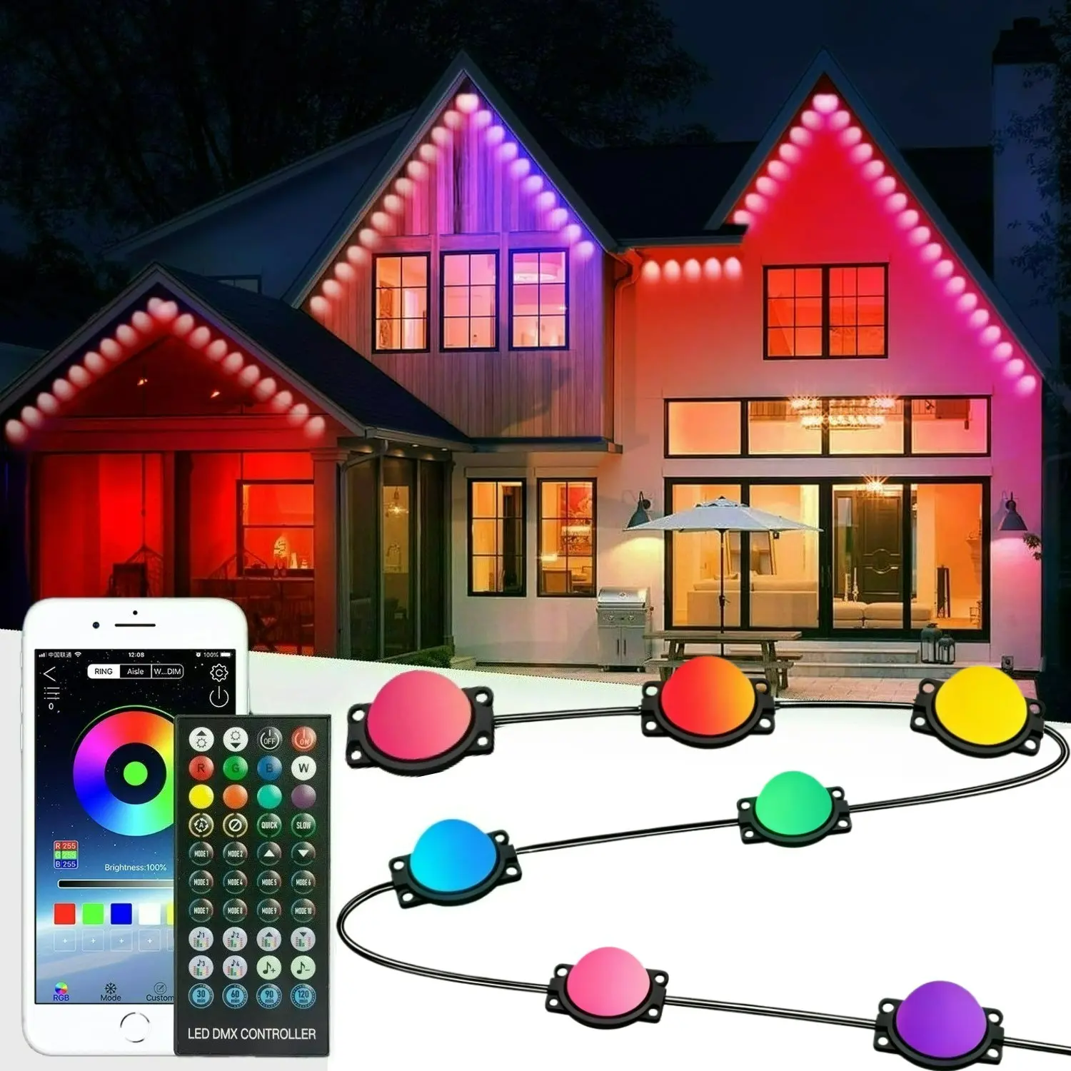 Smart LED Eaves Lights, Decorative Outdoor Lighting, RGBIC Smart Color Changing, APP+Remote Control Outdoor RGB Lights IP65, Music Sync & DIY Scenes, Perfect for Christmas, Halloween, Parties & Daily Decor, Ideal for House Roof