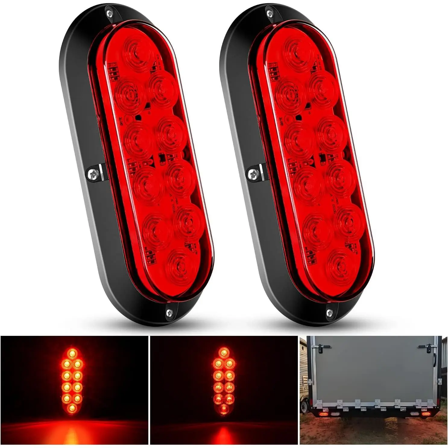 6" Oval Red LED Trailer Tail Light Surface Mount 2PCS 10 LED Waterproof Stop Brake Turn Trailer Lights for Truck RV Boat Bus Lorry Camper Van Caravan