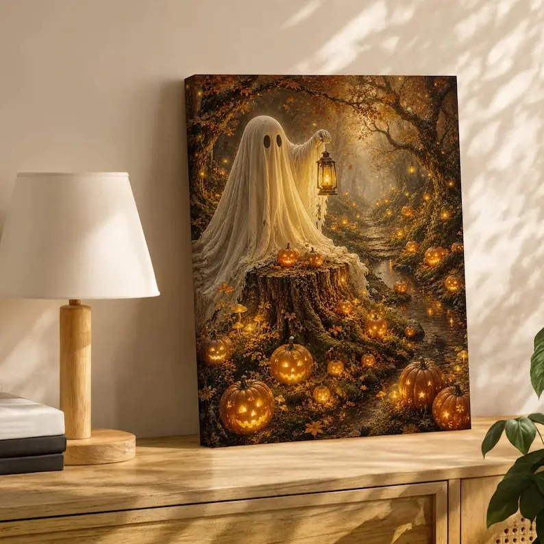 Cute Ghost with Lantern Canvas Wall Art, Cozy Pumpkin Autumn Forest Print,  Moody Halloween Room Decor
