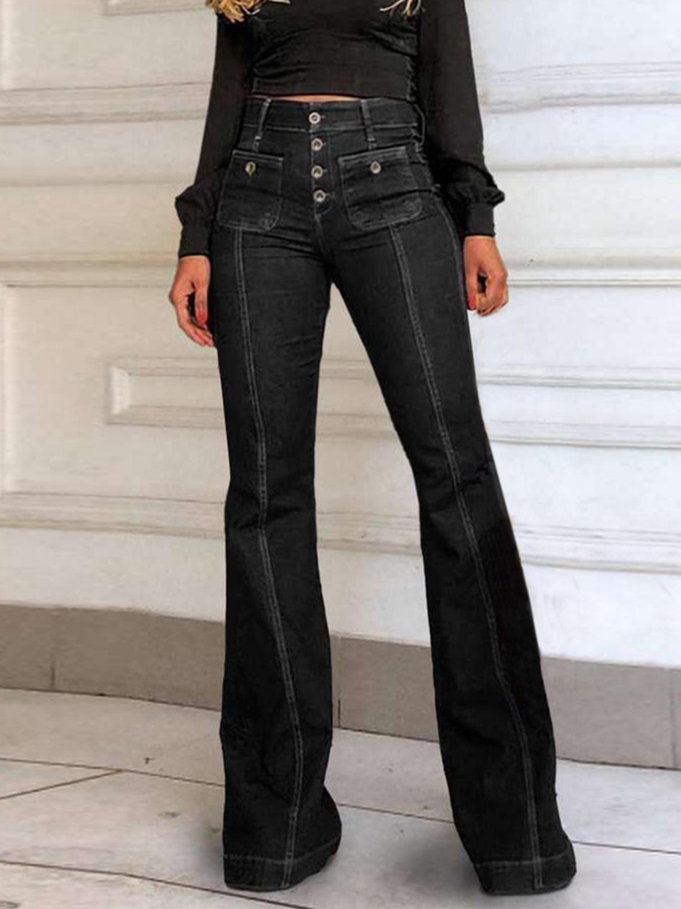 Women's Plain Flare Leg Jeans with Button & Pockets , Casual Bell Bottom Trousers for Daily Wear, Ladies Bottoms for All Seasons