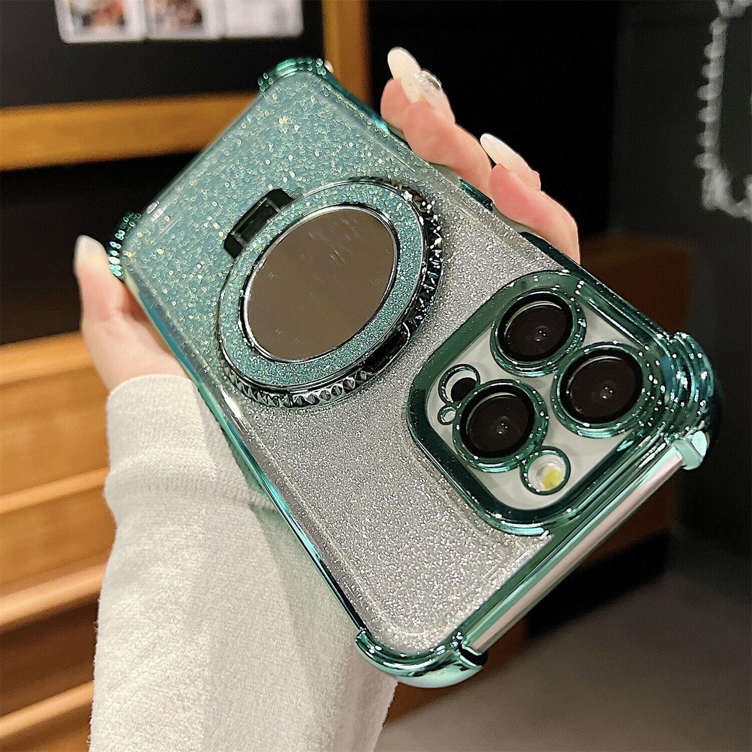 OREKROY Mirror Bling Case Ring Kickstand MagSafe Cover For iPhone 16 Pro Max 15 14 13 12,Anti-fall Shockproof Bling-bling twinkle Phone Cover,Phone Accessories
