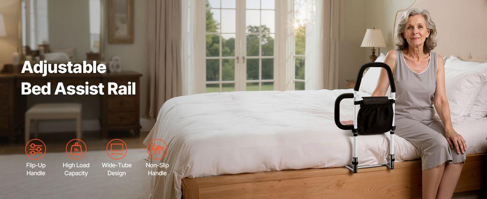 Bed Rail for Elderly, Bedside Assist Rails with Side Handle and PU Handrail, Adjustable Height Carbon Steel Pipe Bedside Cane, Bed Bars for Seniors & Patients, Fits King, Queen, Full, Twin