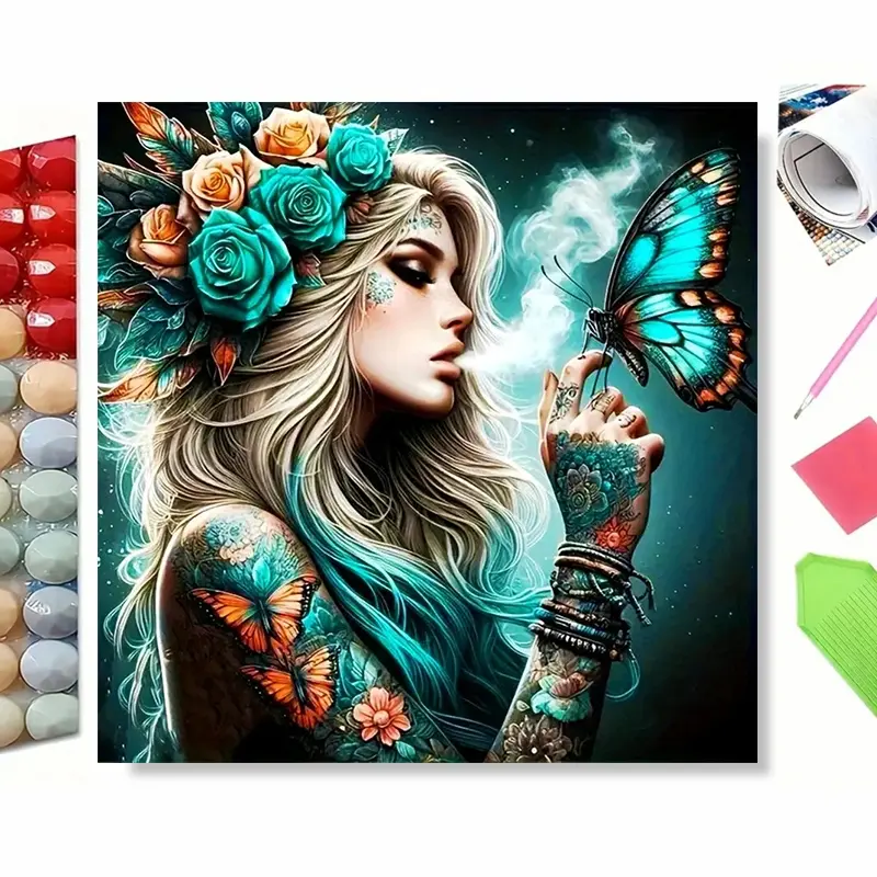 DIY Diamond Painting Kit, Tattooed Blonde Woman with Turquoise Roses & Butterfly Wall Art, Mystical Bohemian Lady Floral Portrait Decor. Ideal for Bedroom & Studio Wall Hanging, Relaxing DIY Craft, Unique Art Gift