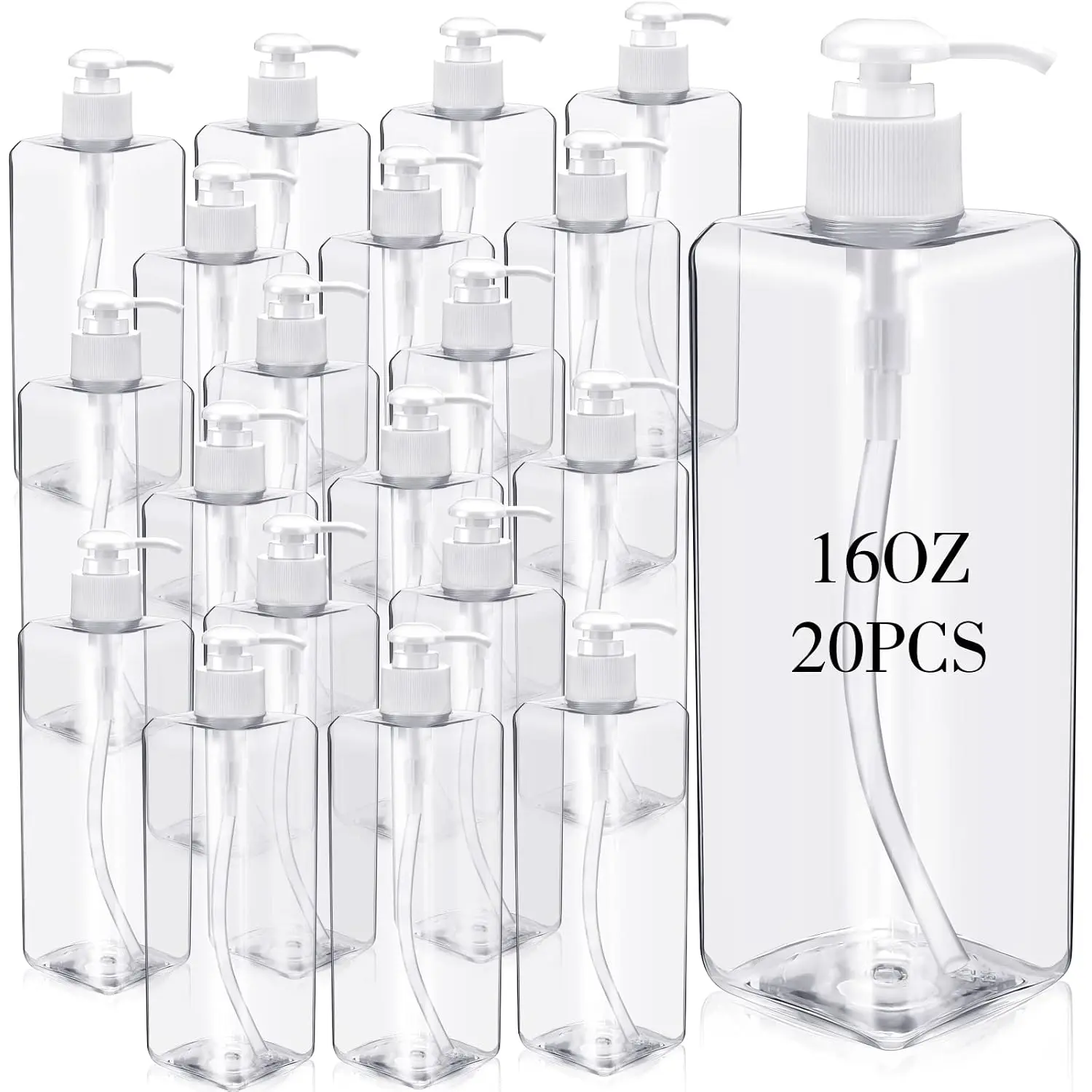 20 Pack 16oz/ 500ml Plastic Empty Bottles Refillable Shampoo Containers with Pump Lightweight Square Soap Dispenser Bottles for Essential , , Conditioner, Massage Oil (Clear, White)