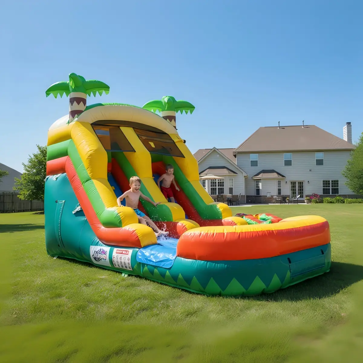 Tropical Inflatable Water Slide, 20x10 ft Heavy-Duty Kids Water Park with Blower, Puncture-Resistant Bouncer with Wet/Dry Modes and Climbing Wall for Outdoor Fun