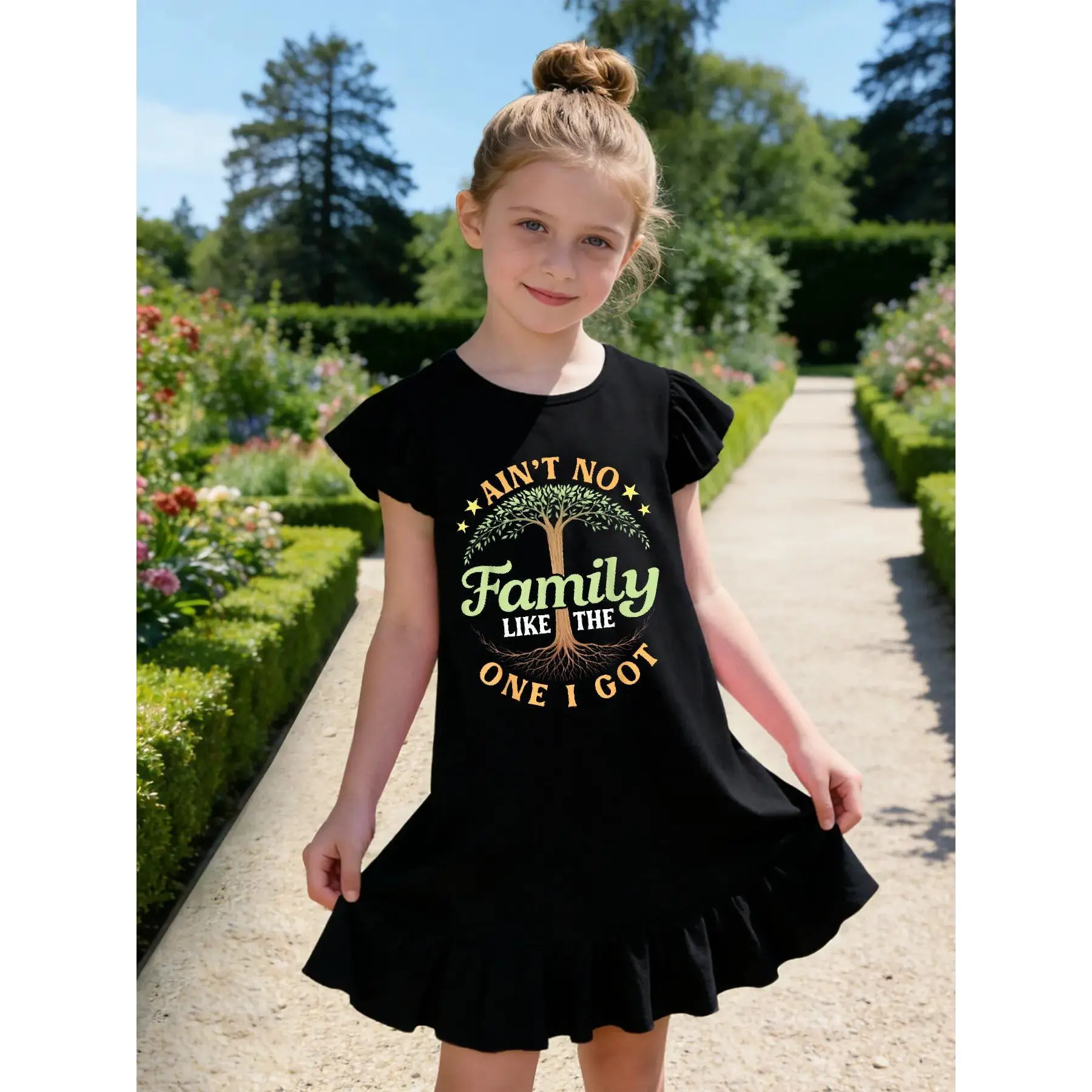 Family Reunion 2026 Ain't No Family Like The One I Got Roots Girls' Summer Flutter Sleeve Casual Dress - Soft, Durable, Easy-Care, Ideal for School & Outdoor Activities - Fast delivery from local warehouse