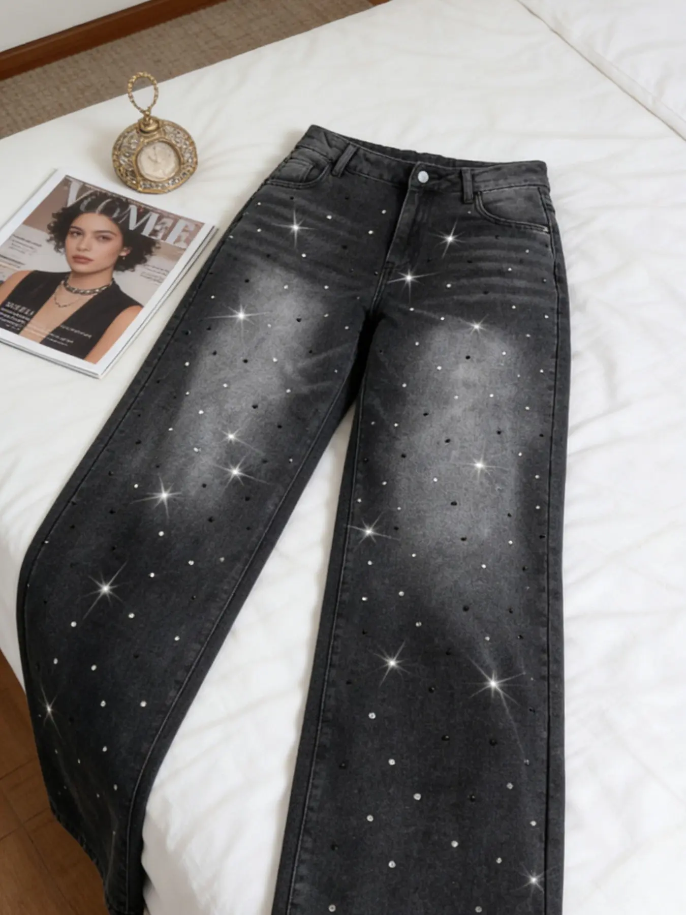 Women's Y2K Style Wide Leg Jeans, Gradient Color Denim Jeans, Rhinestone Embellished Texture, Mid Waist, All Seasons, Casual Wear, Pants