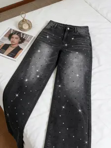 Women's Y2K Style Wide Leg Jeans, Gradient Color Denim Jeans, Rhinestone Embellished Texture, Mid Waist, All Seasons, Casual Wear, Pants