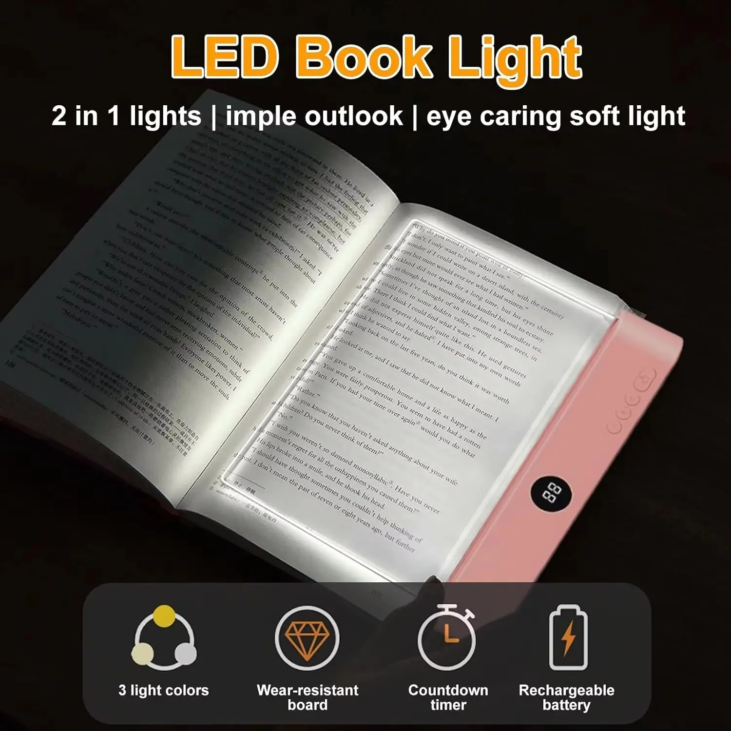 Smart LED Reading Light, Rechargeable Full Page Lamp, 3 Colors, Timer, Adjustable Brightness, Portable Book Light, Acrylic Night Light, Dimmable Lights