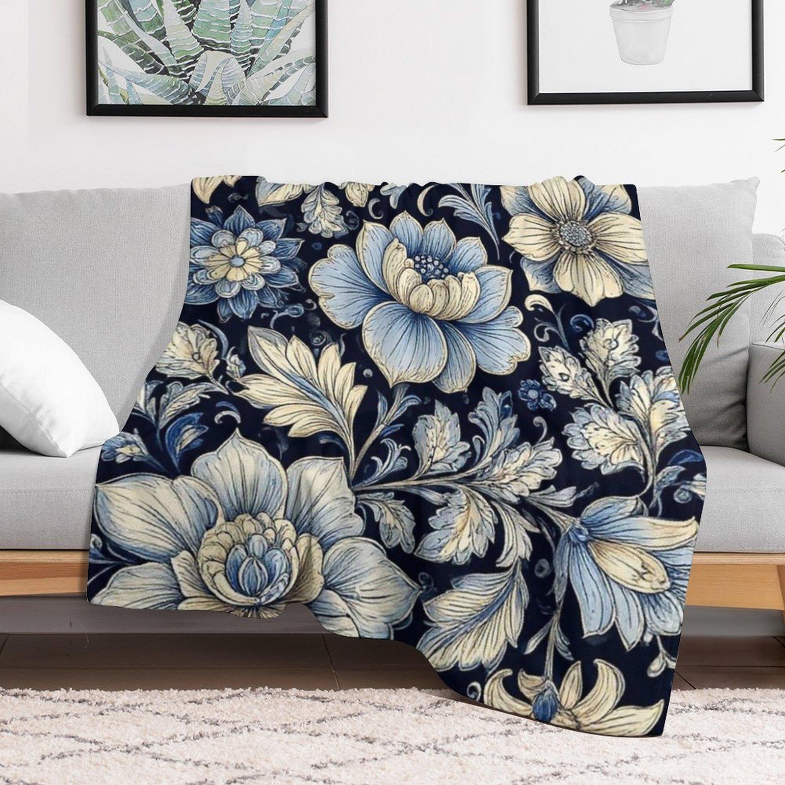 Vintage Blue Floral Fleece Throw Blanket, Soft Cozy William Morris Style Blanket for Couch Bed, Aesthetic Botanical Cottagecore Gift for Flower Lovers