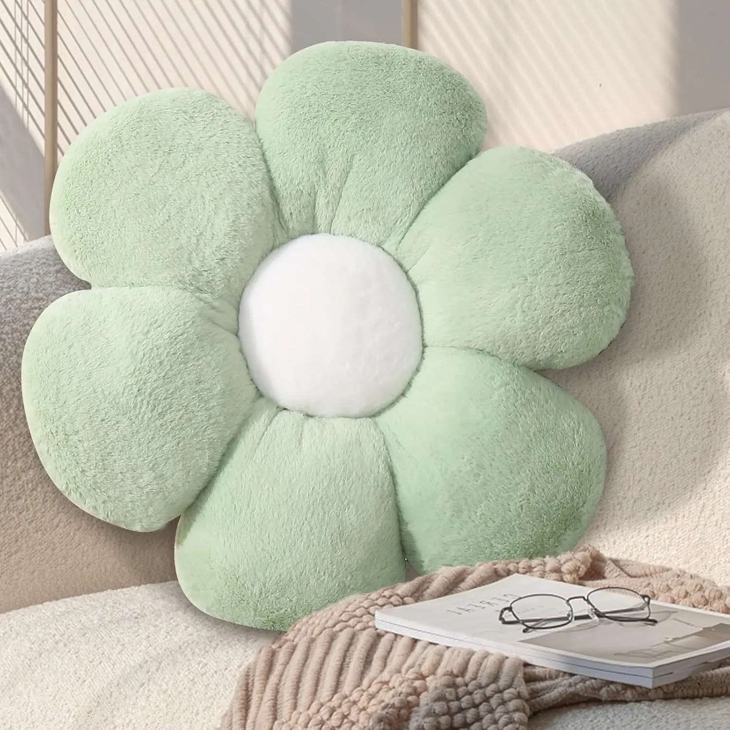 KUCCO Sage Green Flower Pillow, Daisy Shaped Throw Pillow, 17.7 Inch | Soft Plush Sage Green Flower Pillow, Floral Seating Cushion, Cute Floor Pillow for Bedroom, Living Room