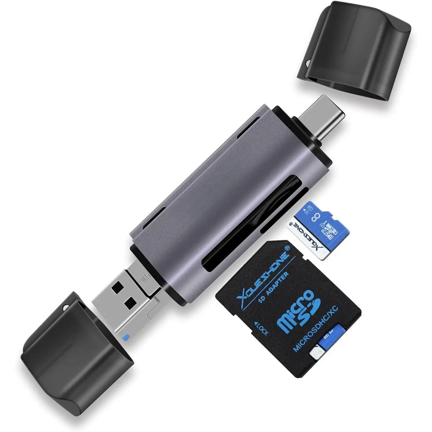 SD Card Reader USB-C,3-in-1 Memory Card Reader with Tri-Connectors, USB 3.0 Card Reader Adapter for SDXC, SDXC,Compatible with Windows, OS,Linux, Android, Gray