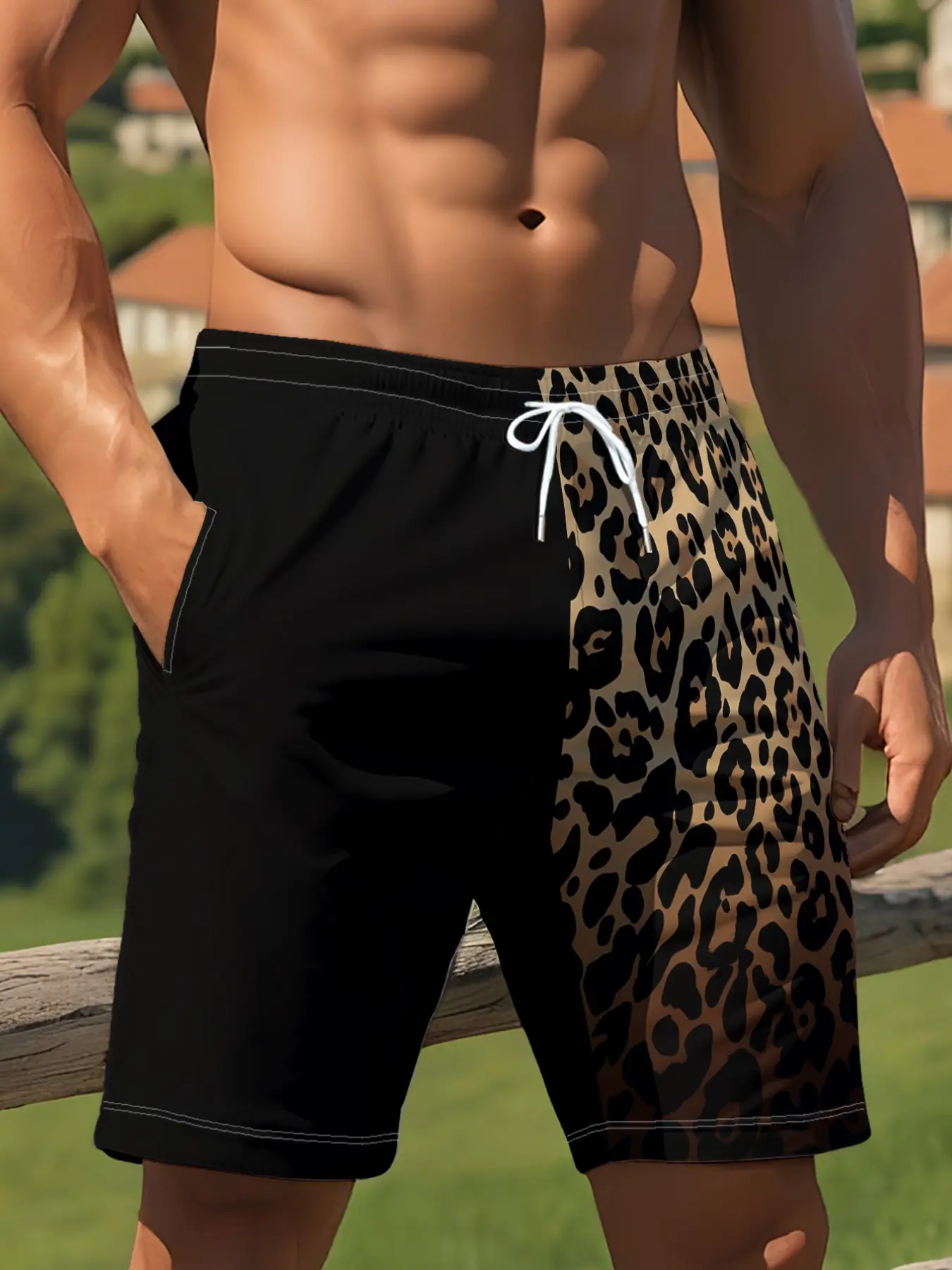 Men's Leopard Patchwork Beach Shorts, Summer Quick-Dry Casual Short Pants, Vacation Swimwear, Fitted H-Type, All over Print