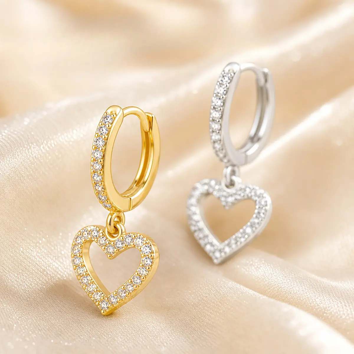 Vintage Trendy Women 14K Gold Plated Pave Cubic Zirconia Open Heart Pendant Dangle Hoop Earrings, Petite 22mm Lightweight Secure Click Top Small Huggie Hoops, Gold Silver Tone Hypoallergenic Waterproof Luxurious Delicate Statement Earrings, Simple Sexy St