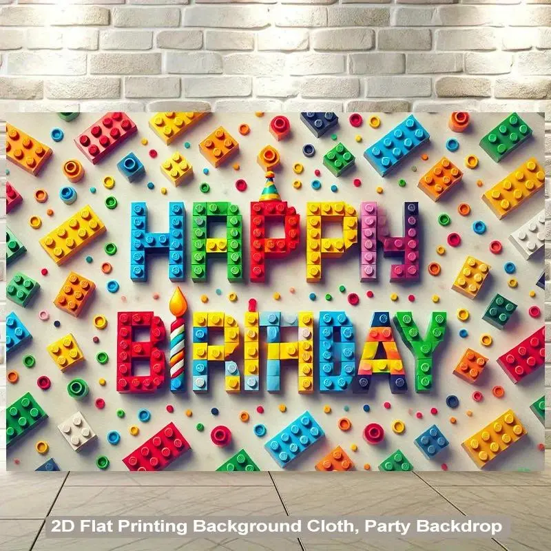 2D flat, 1 piece Lego birthday background banner, suitable for living room, bedroom, office, as a birthday party background