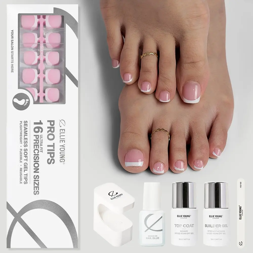 ELLIE YOUNG Pro-Tips Short Square White French Toenail Tips with Pink Base, 160pc Press-On Toenails Kit – 16 Sizes, Matte Gel Acrylic Look, Soft Gel DIY Extensions