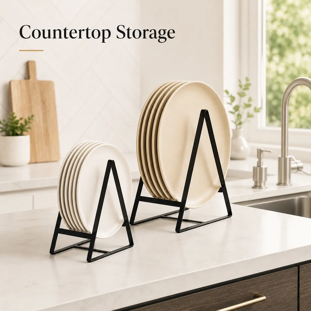 2 Pack Triangle Plate Holders, Upright Metal Dish Rack Organizer for Cabinet & Countertop, Space Saving Kitchen Plate Storage Stand
