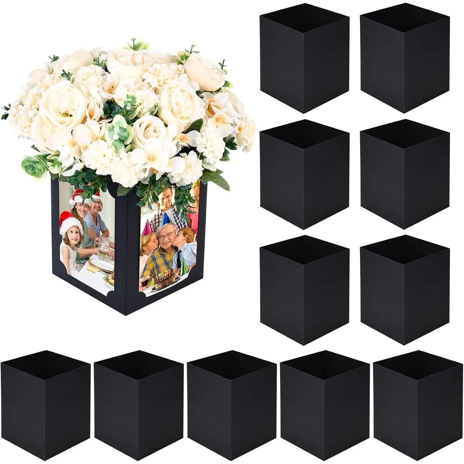 12-Pc Decorative Memorial Table Centerpieces Set - 6in Frameless Photo Display & Hollow Props Box Pack for Graduation, Wedding Table Decor (Black)