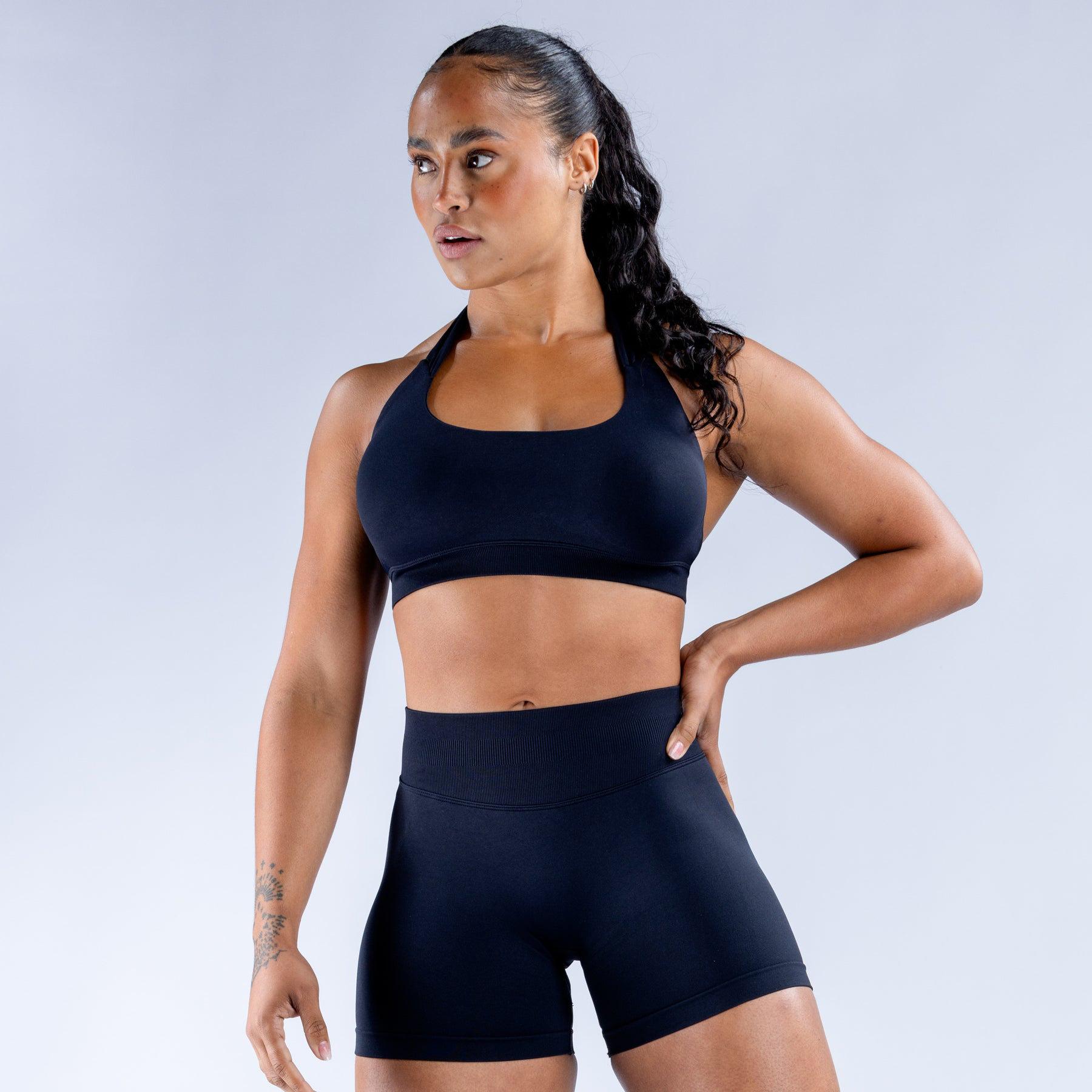 DFYNE halter neck sports bra with high-elasticity seamless bra padding, made of matte nylon fabric, provides high-intensity support for yoga and fitness.