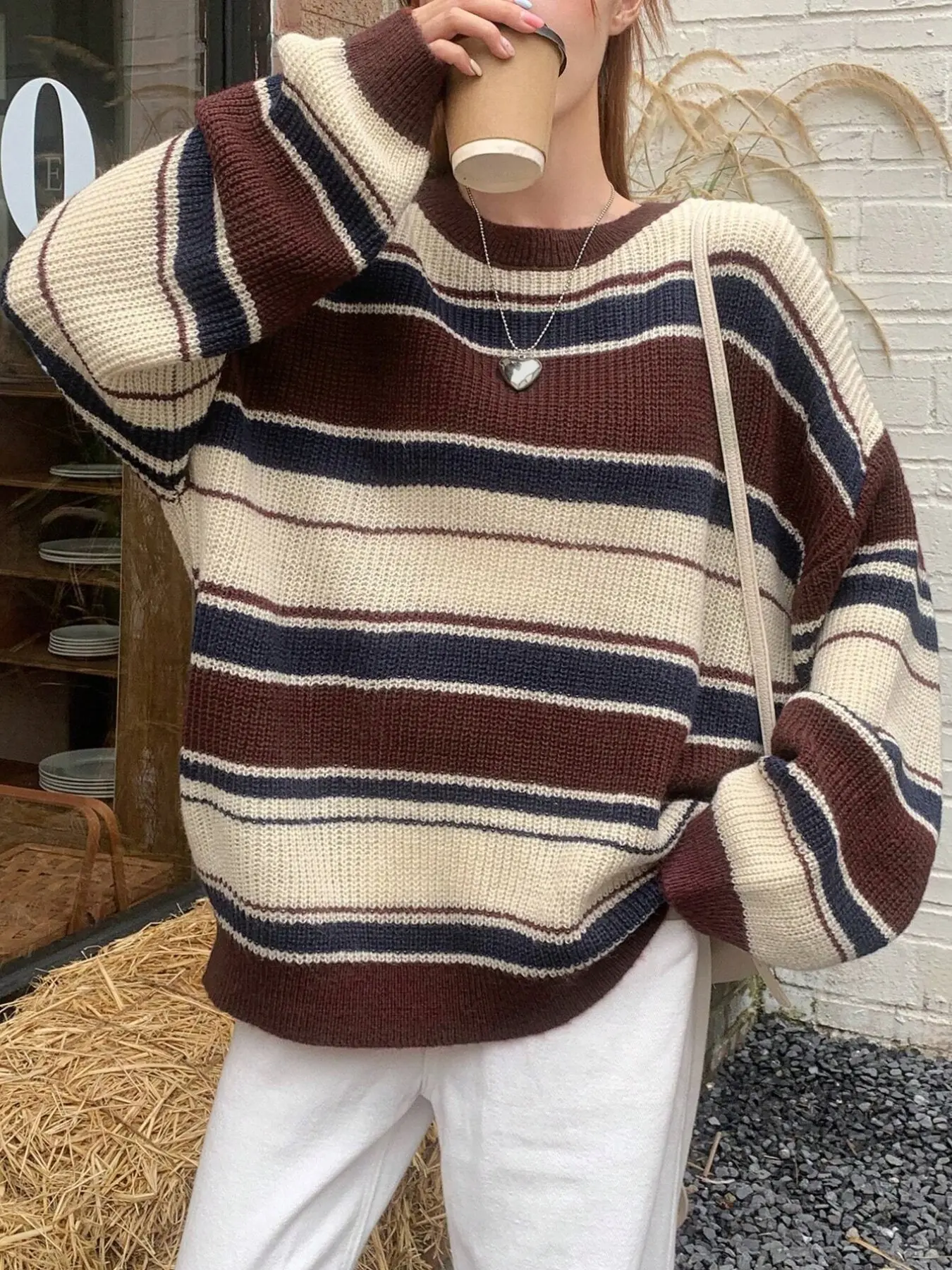 Coffee Color Striped Long Sleeve Round Neck Knit Sweater for Women, Casual Loose Fit Pullover for Fall Winter, Perfect for Leisure and Vacation