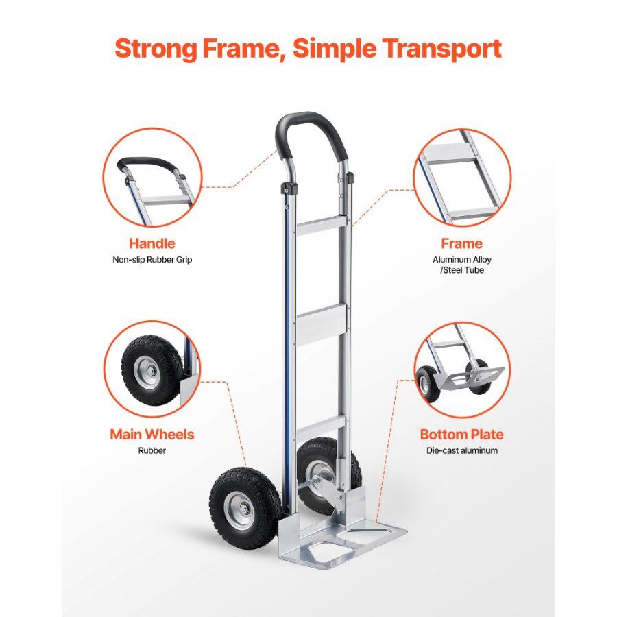 VEVOR Hand Truck, 500 lbs Load Capacity, Heavy-Duty Hand Truck Dolly with Non-Slip Wheels Handle, Aluminum Alloy Portable Trolley Dolly with Tie-down Strap for Moving Home, Office, Warehouse