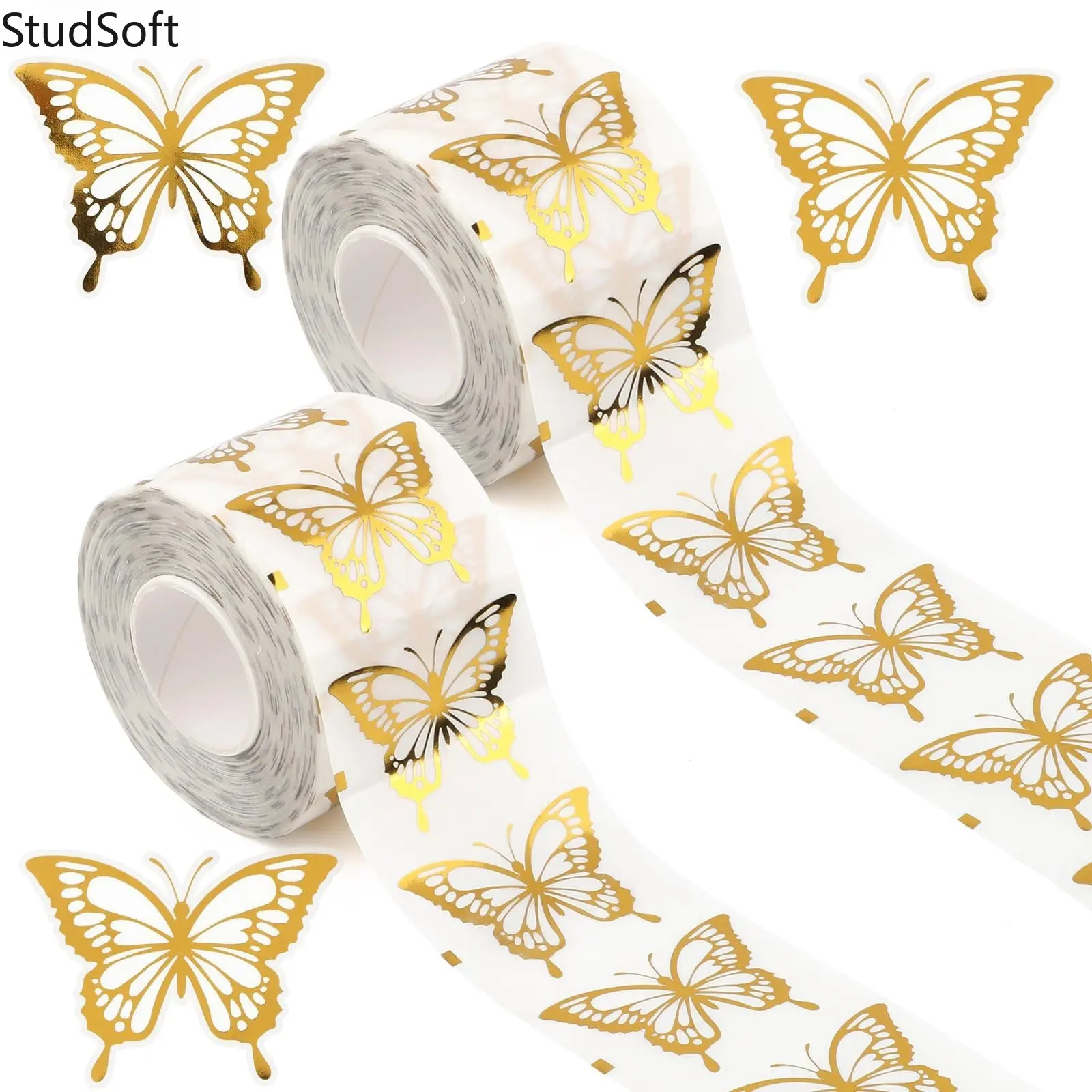500Pcs Gold Foil Butterfly Sticker Roll Metallic Shaped Label Stickers for Wedding Invitation Envelope Sealing Small Business Packaging Decor 1Roll