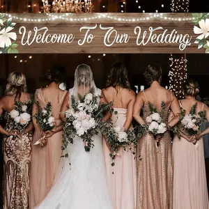 2D Flat Banner Welcome To Our Wedding Sign Banner, Rustic Wood Grain Background with Warm String Lights and Elegant White Floral Decor, Photography Backdrop for Wedding Party Decoration, Reception Photo Booth, Event Celebration De
