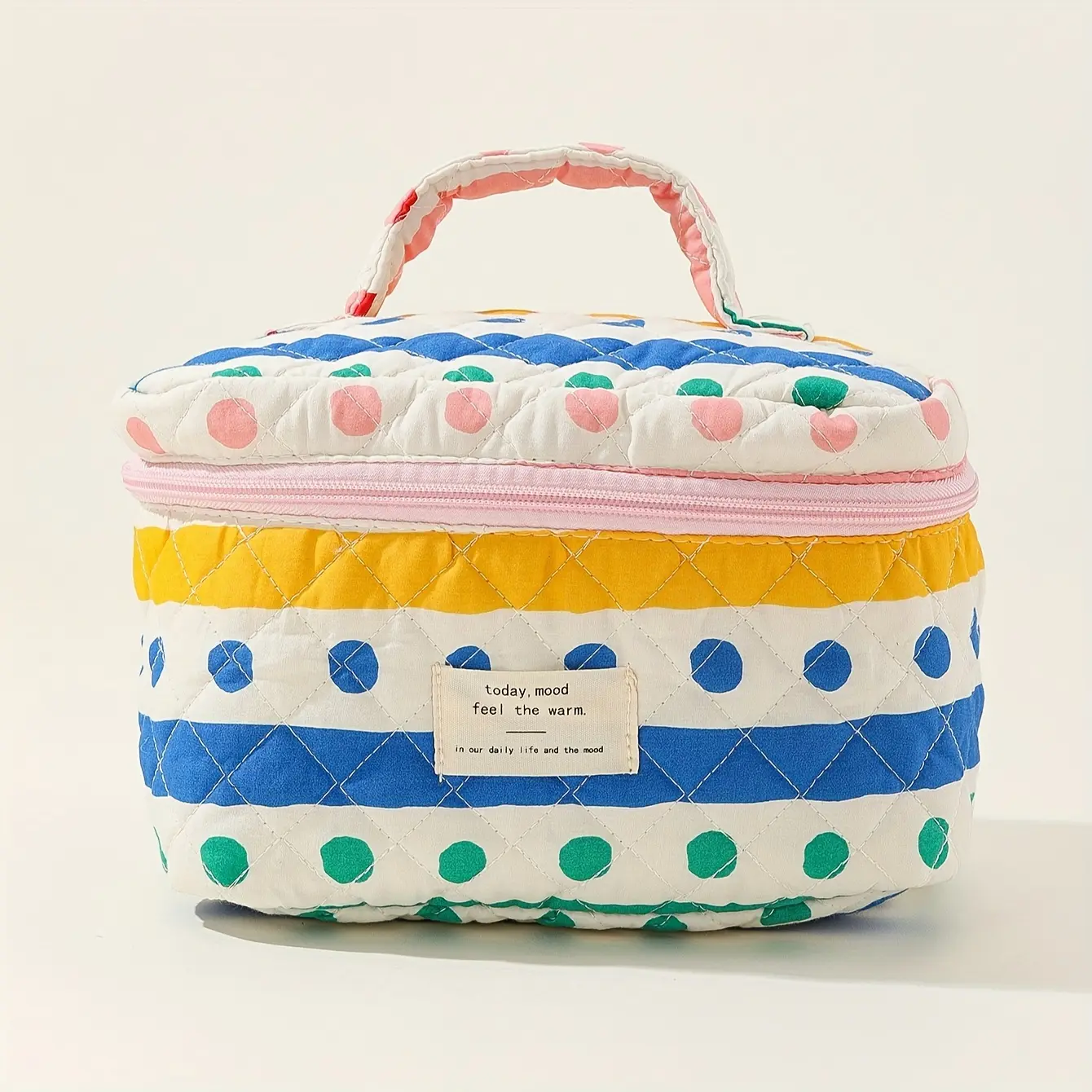 Quilted Polyester Tote Bag for Women, Patchwork Style with Polka Dot and Striped Patterns, Single Jersey Fabric for Students, Quilted Patch