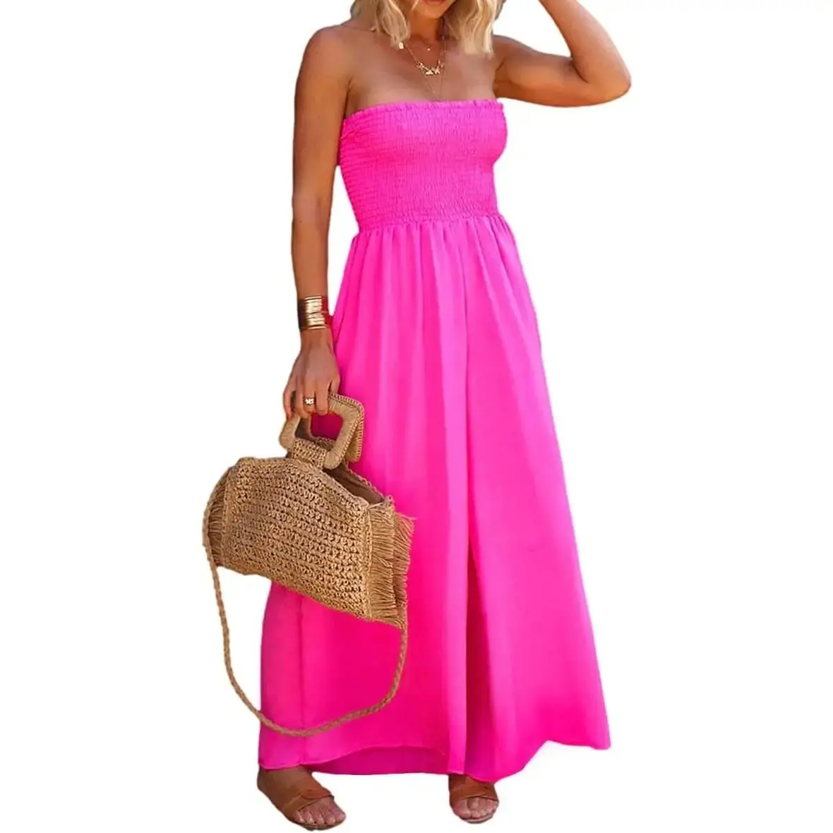 ARTFREE Womens Sleeveless Strapless Wide Leg Jumpsuits Summer Casual Loose Smocked Chiffon Jumpsuit Rompers with Pockets