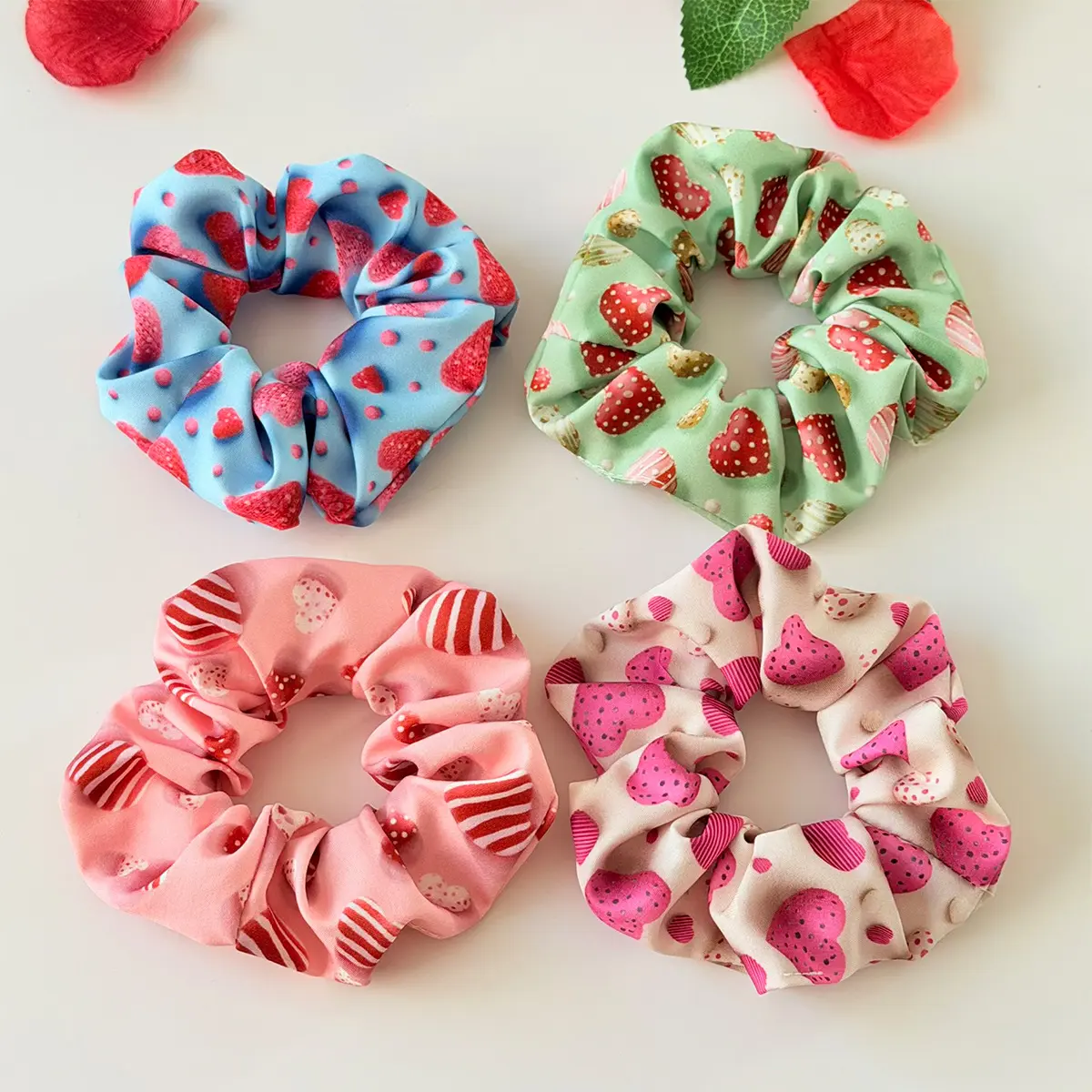 4PC New Valentine's Day Fabric Scrunchies Candy Heart Print High Elastic Hair Ties for Women Ponytail Holiday Hair Accessories, Ponytail Tie
