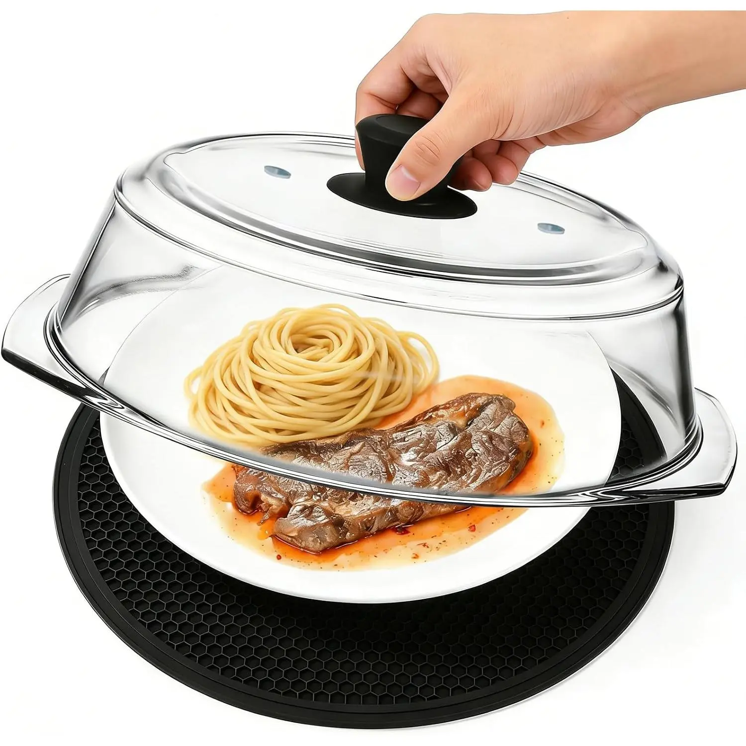 Tall Glass Microwave Splatter Cover for  & Microwave Place Mat,2 in 1,Sturdy clear   safe  glass lid with easy grip  handle,Dishwasher safe for easy cleaning
