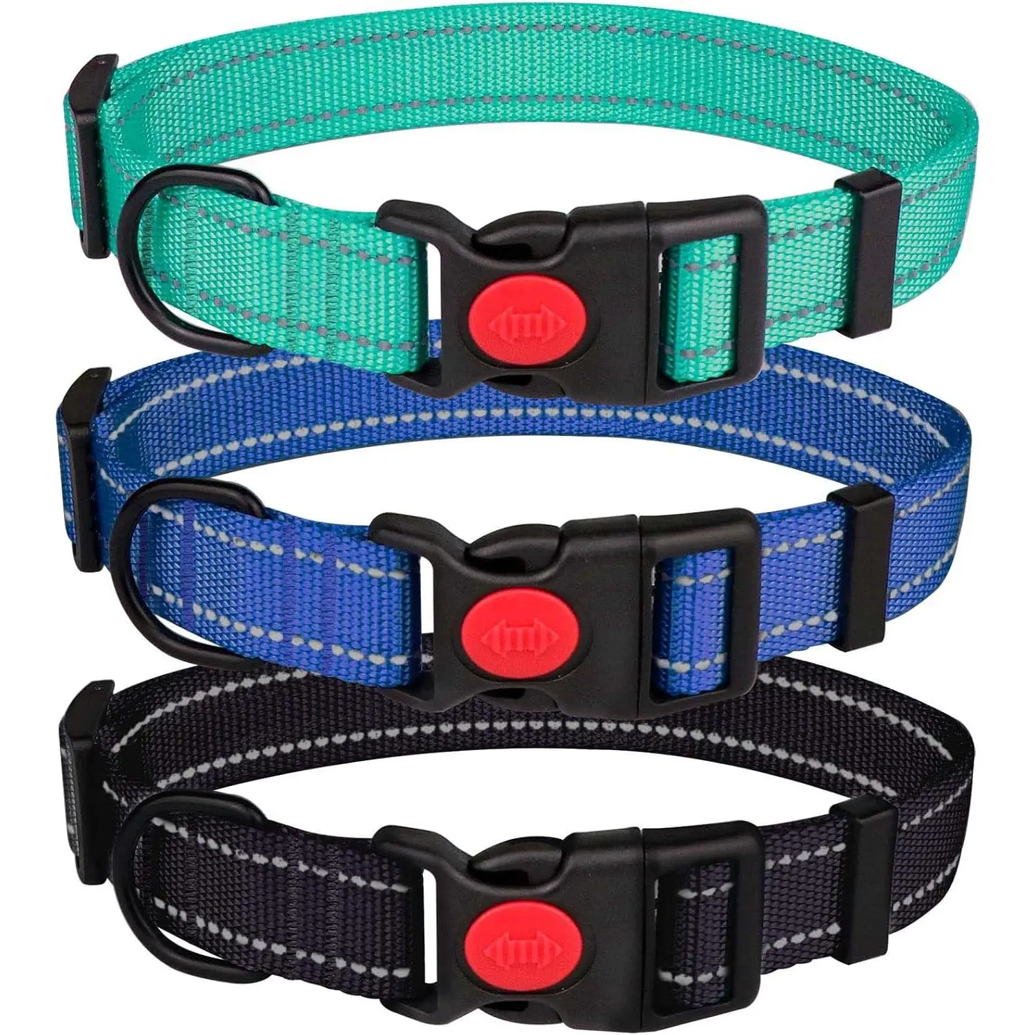 3 Pack Reflective Nylon Basic Dog Collars for Medium Dogs - Adjustable Soft Contoured Collar with Secure Safety Lock Buckle, Black/Blue/Teal Size M, Christmas Themed Pet Accessory