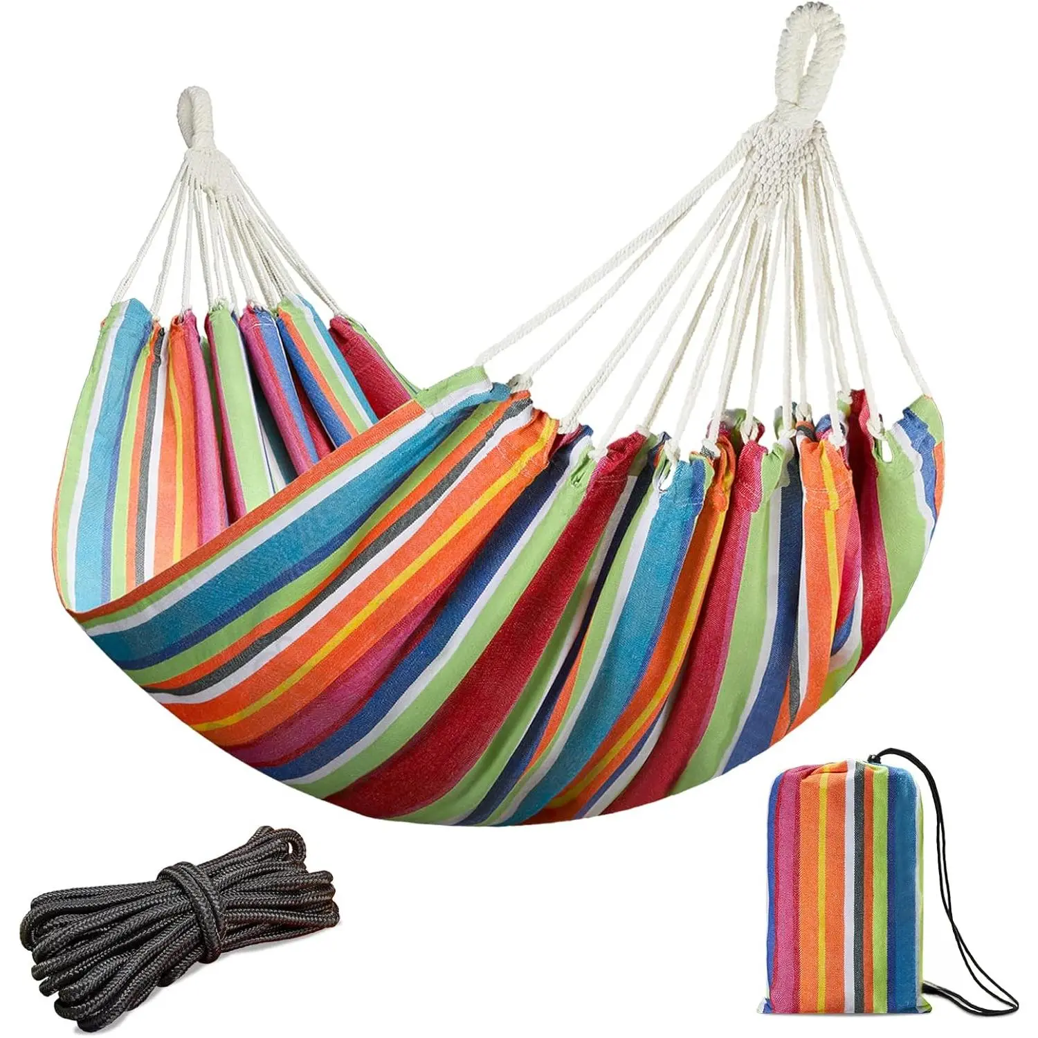 Double Hammock with Hanging Ropes Extra Large 86.6x59" Portable Cotton Hammock for Patio Backyard Porch 450LBS Weight Capacity Perfect for Outdoor/Indoor - Color Stripes