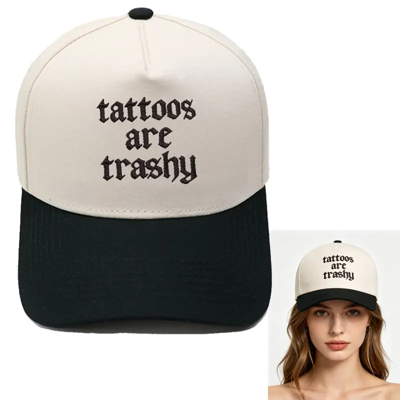 Y2K Viral Tattoos Are Trashy Embroidered Baseball Cap Retro Grunge Baddie Cream Black Color Block Trucker Hat Structured Adjustable Strapback Gothic Text Gift tiktokshopbacktoschool