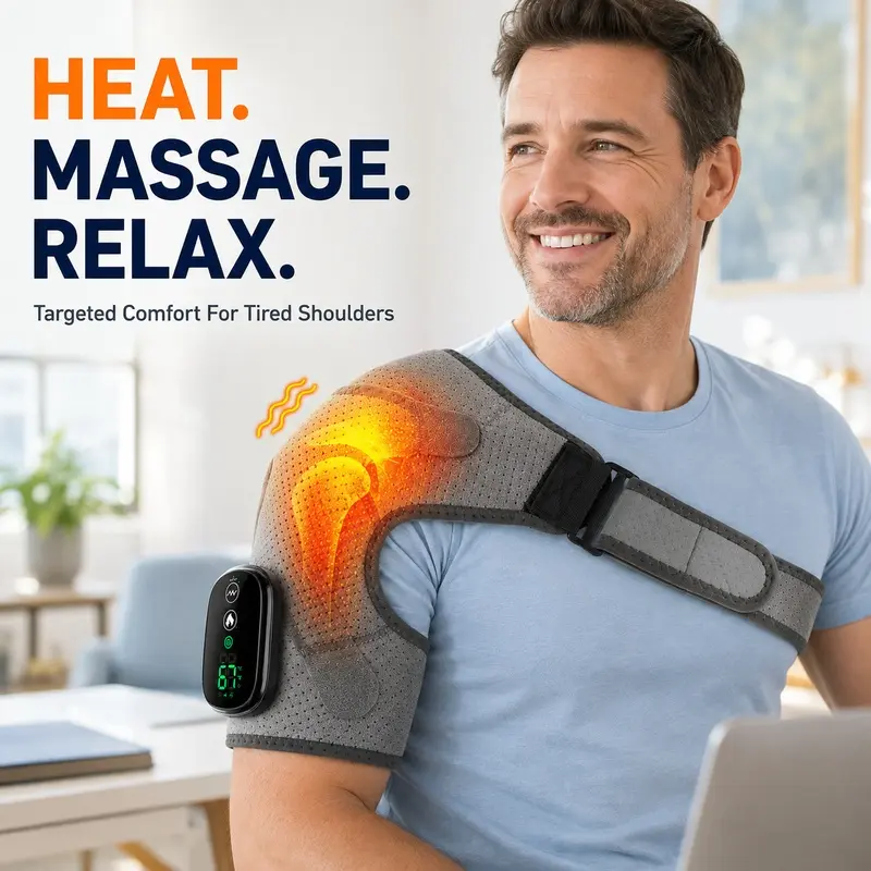 Rechargeable Cordless Heated Shoulder Wrap - 3 Heat Levels, 3 Vibration Modes, Adjustable Support Brace Fit for Left & Right Shoulder, Daily Relaxing Gift for Sports & Outdoor Leisure Use-4395