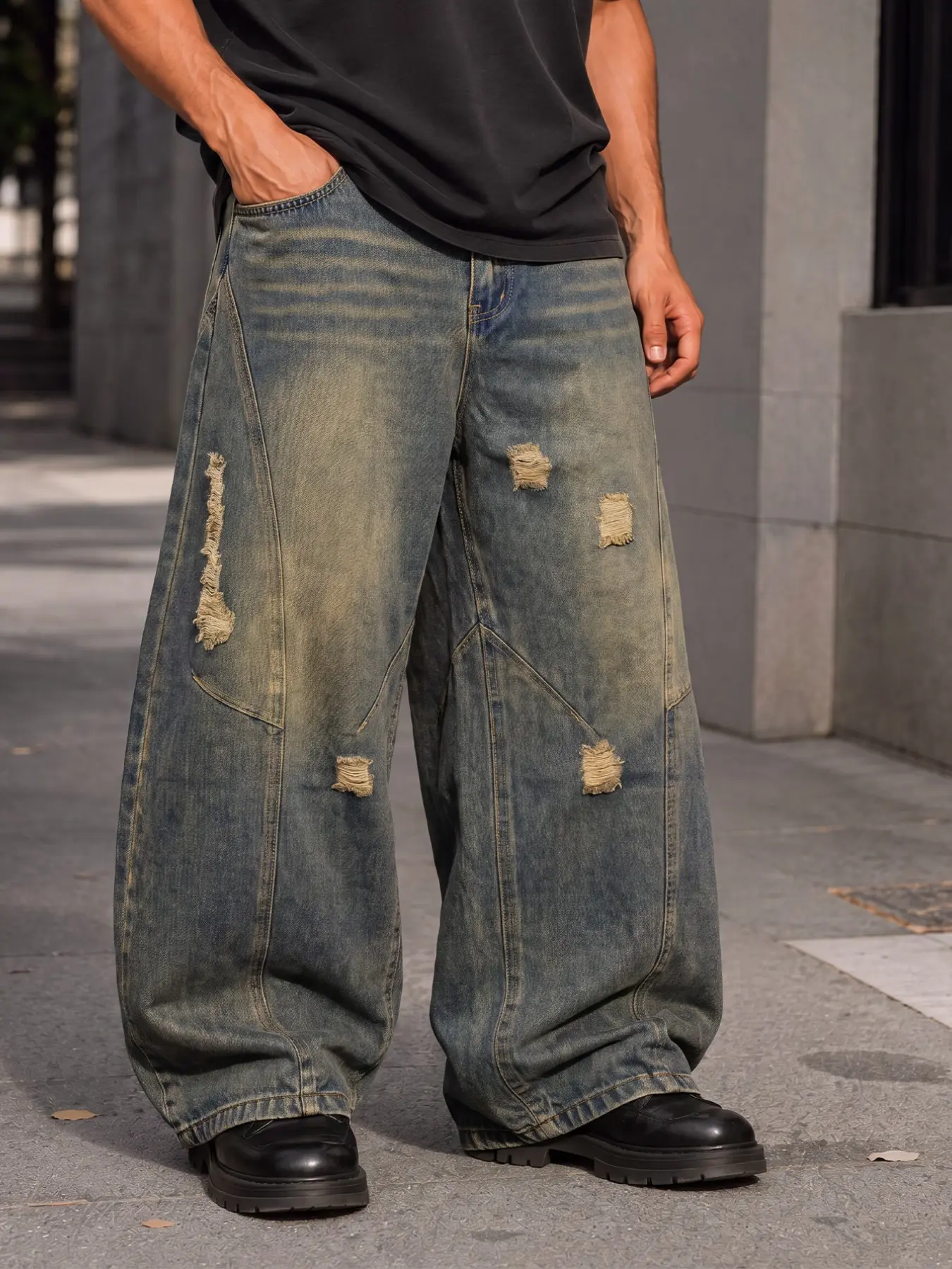 Men's all-season Loose curved-leg ripped wide-leg denim pants, featuring a patchwork cut design, American Y2K street fashion style