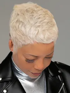 white 60# Pixie Cut Wig Short Wavy Human Hair Curly Short Wigs for Women