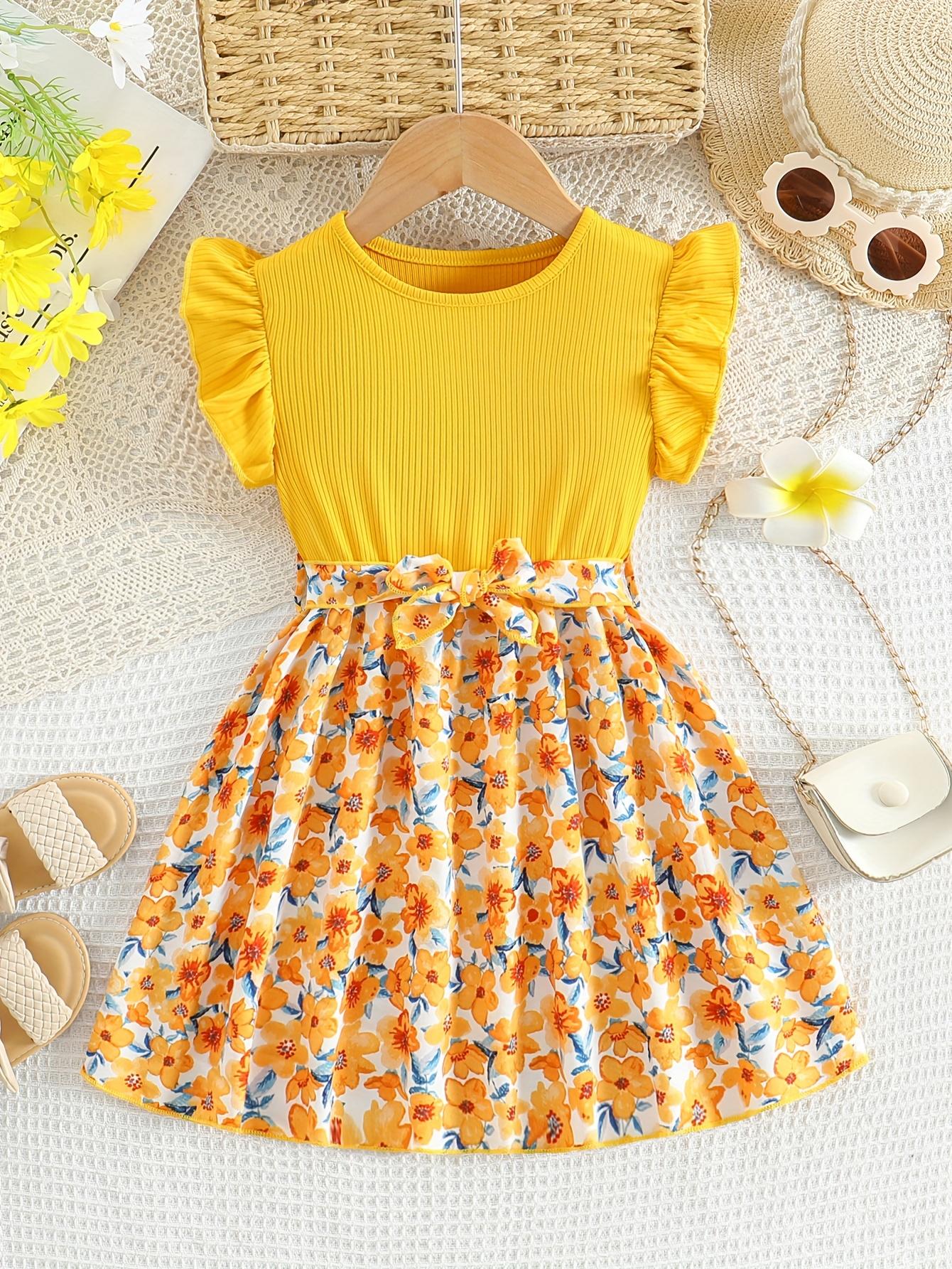 Girls' Patchwork Yellow Romantic Floral Print Dress with Belt, Elegant Princess Skirt Party and Evening Wear, Soft, Suitable