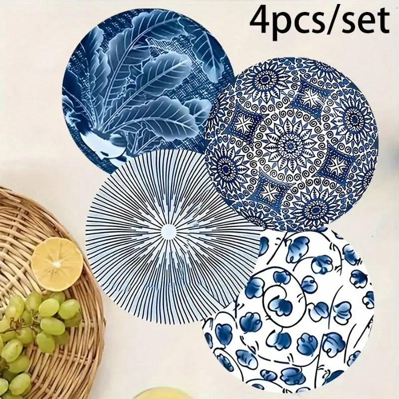 Round Porcelain-Style Coasters with Unique Blue Floral Patterns, Pack of 4, Water-Absorbent & Heat-Insulating for Home & Table Decor, Circular