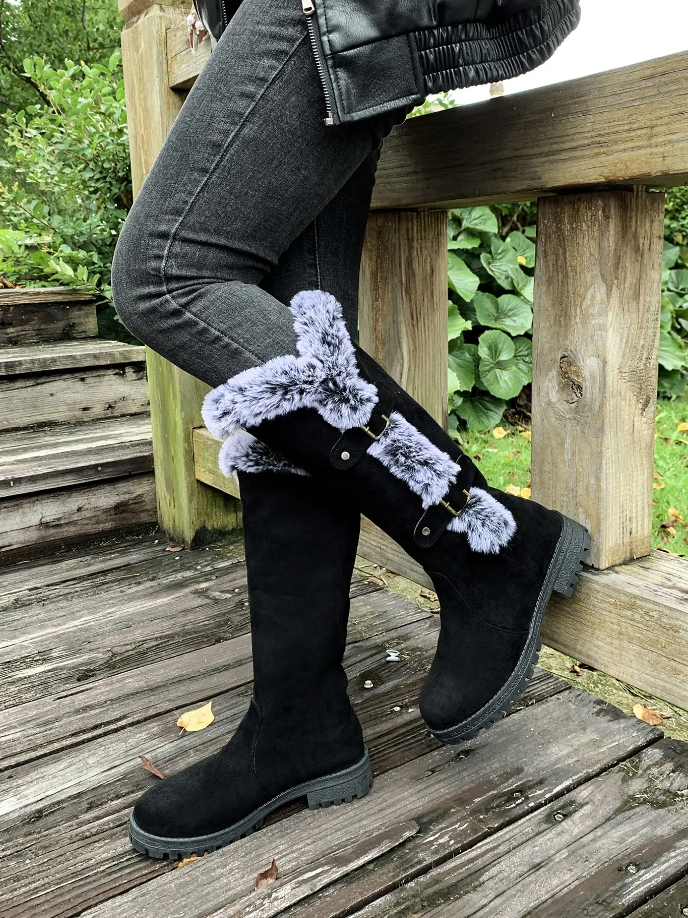 Women's Fall Winter New Round Toe High Ankle Snow Boots, Christmas Style Solid Color Thick Warm Knee-High Boots, Dual Buckle Anti-Slip Sole