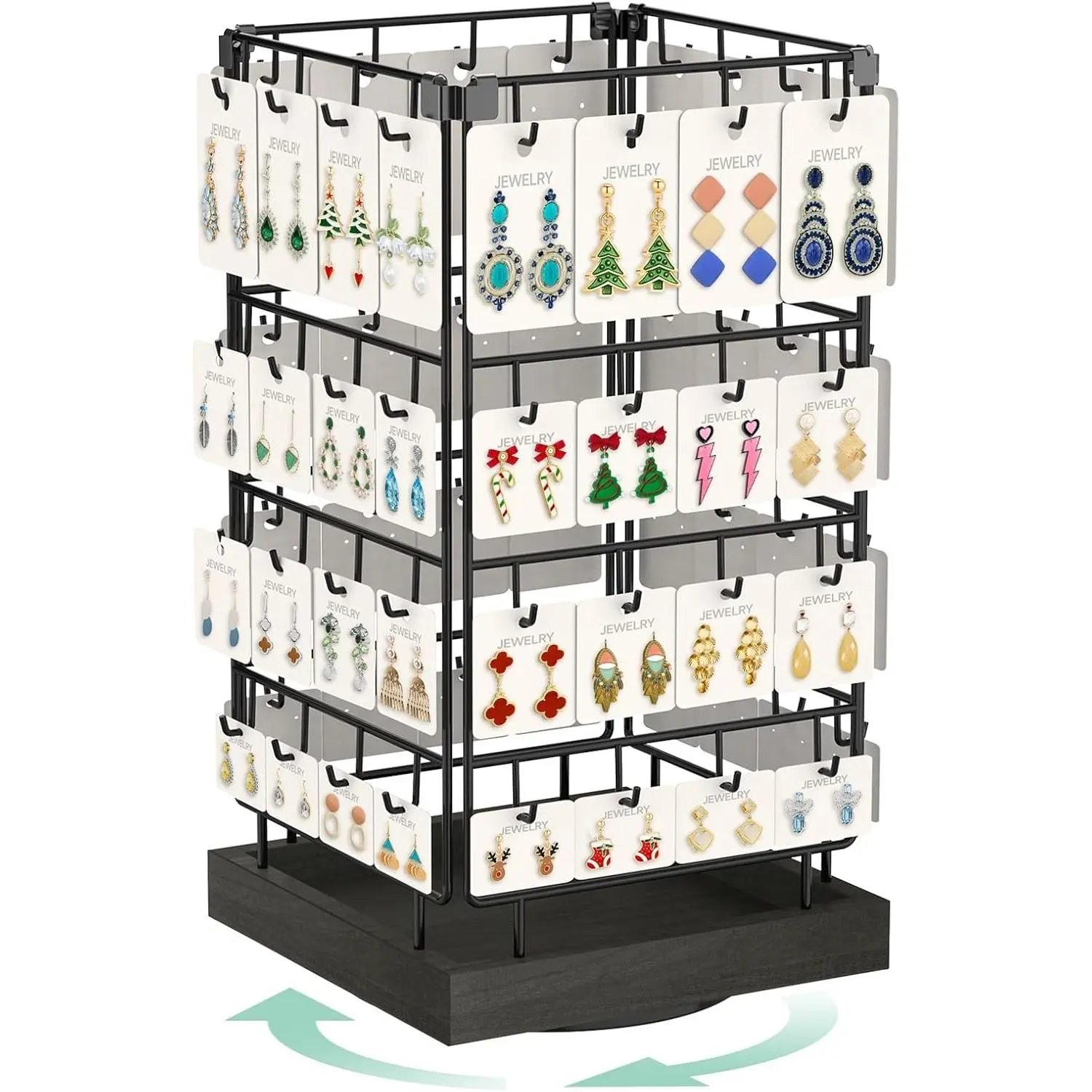 Rotating Earring Display Rack with 64 Hooks and Wooden Base for Earring Card Sales, Black - Large Capacity Jewelry Stand for Vendors, Enhances Retail VisibilityGift